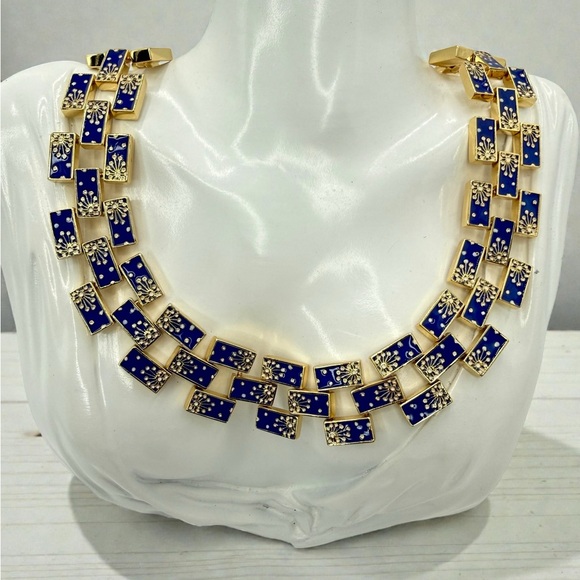 Rare Lulu Frost Signed Blue Enamel Gold Statement Necklace 17” Excellent Cond. - Picture 5 of 17